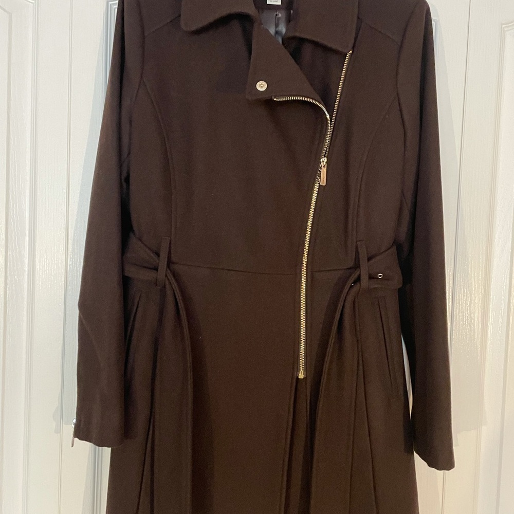 Kenneth Cole Asymmetrical Zip Belted Buckle/Wrap Jacket w/Gold Hardware.